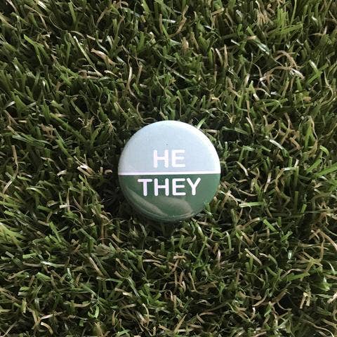 He/They Pin-back Button NEW Double Denim Dude