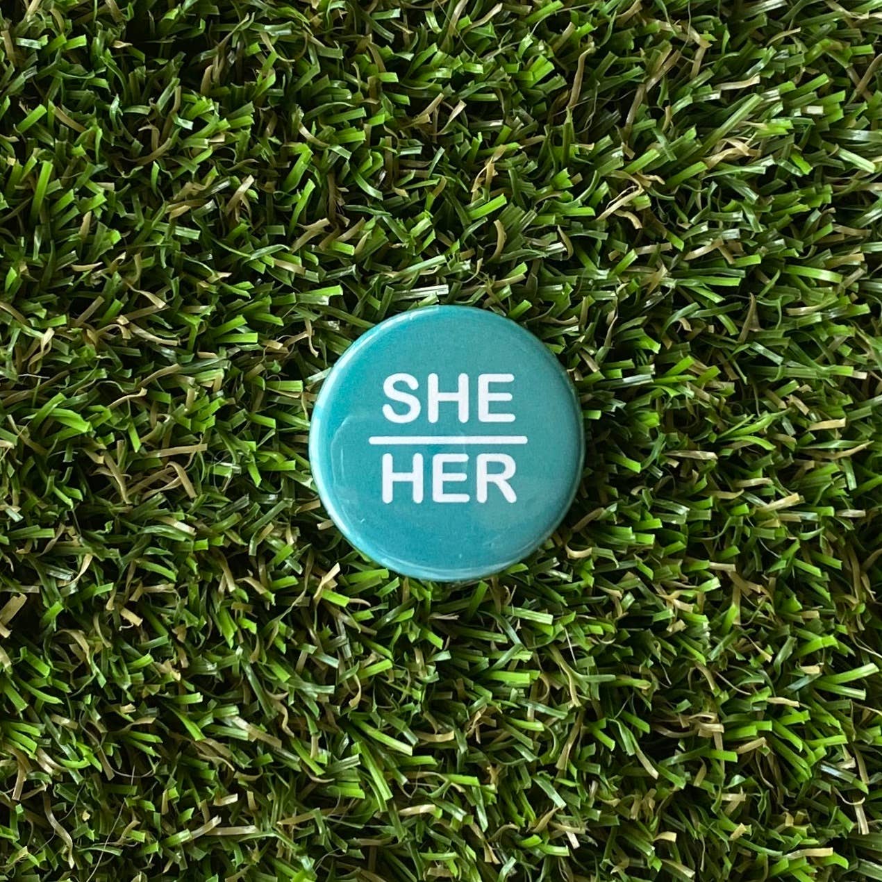 She/Her Pin-back Button NEW Double Denim Dude