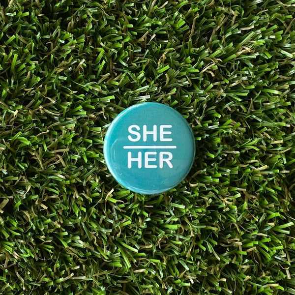 She/Her Pin-back Button NEW Double Denim Dude