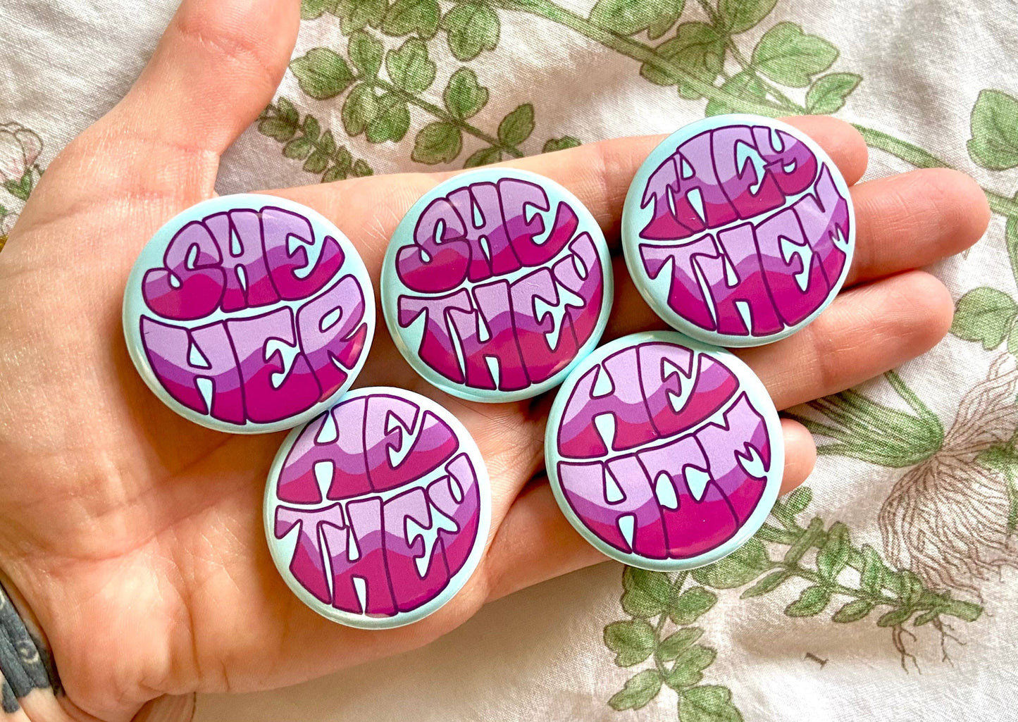 Pronoun Buttons | Retro Colorful Dinosaur Conversation Heart NEW Hollandaize Art 