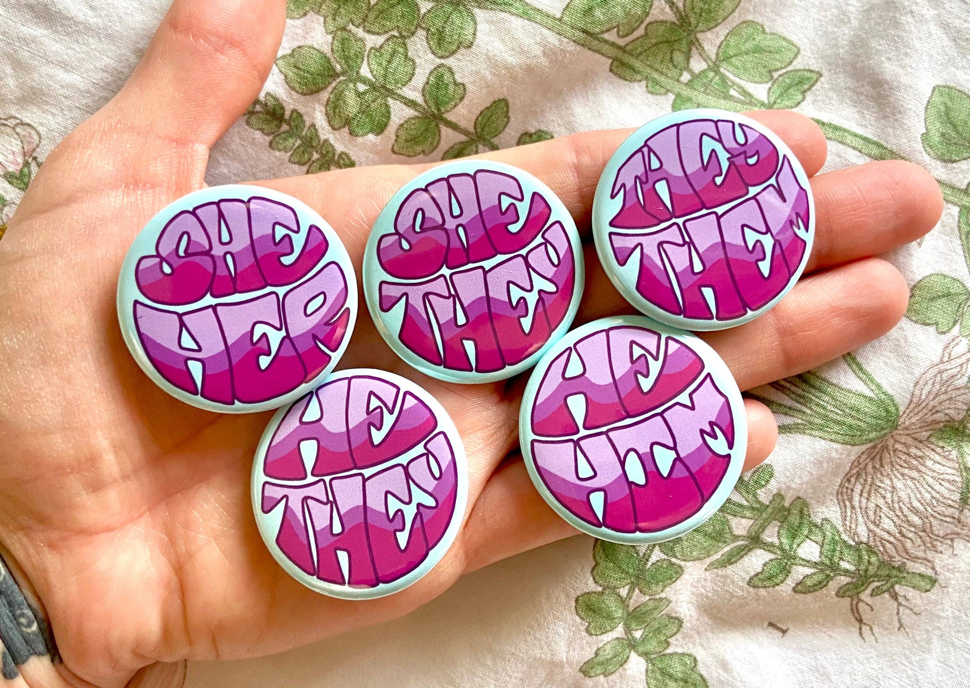 Pronoun Buttons | Retro Colorful Dinosaur Conversation Heart NEW Hollandaize Art 