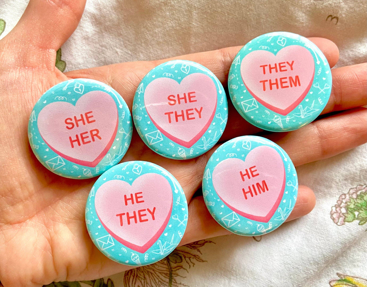 Pronoun Buttons | Retro Colorful Dinosaur Conversation Heart NEW Hollandaize Art 