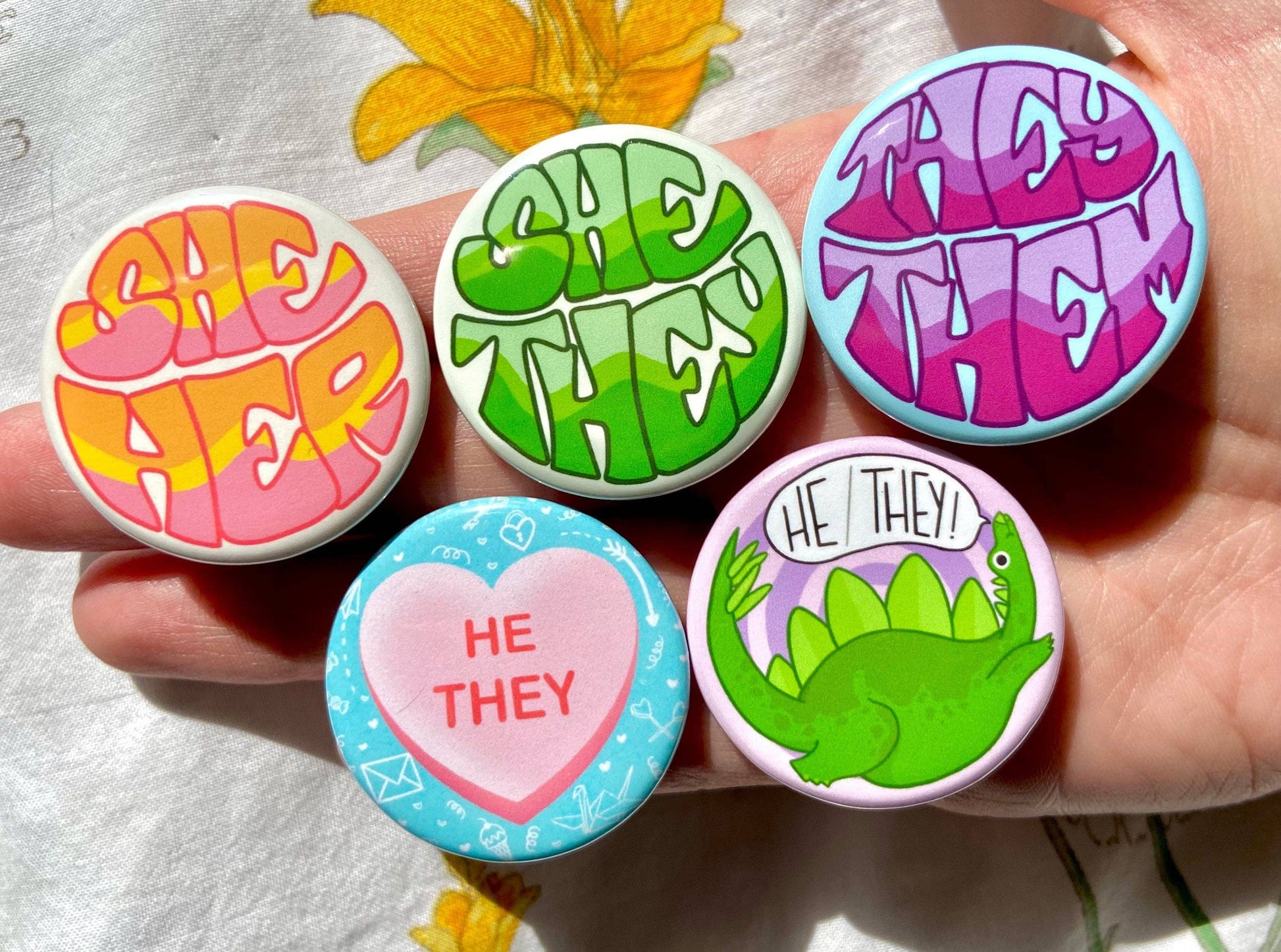 Pronoun Buttons | Retro Colorful Dinosaur Conversation Heart NEW Hollandaize Art 