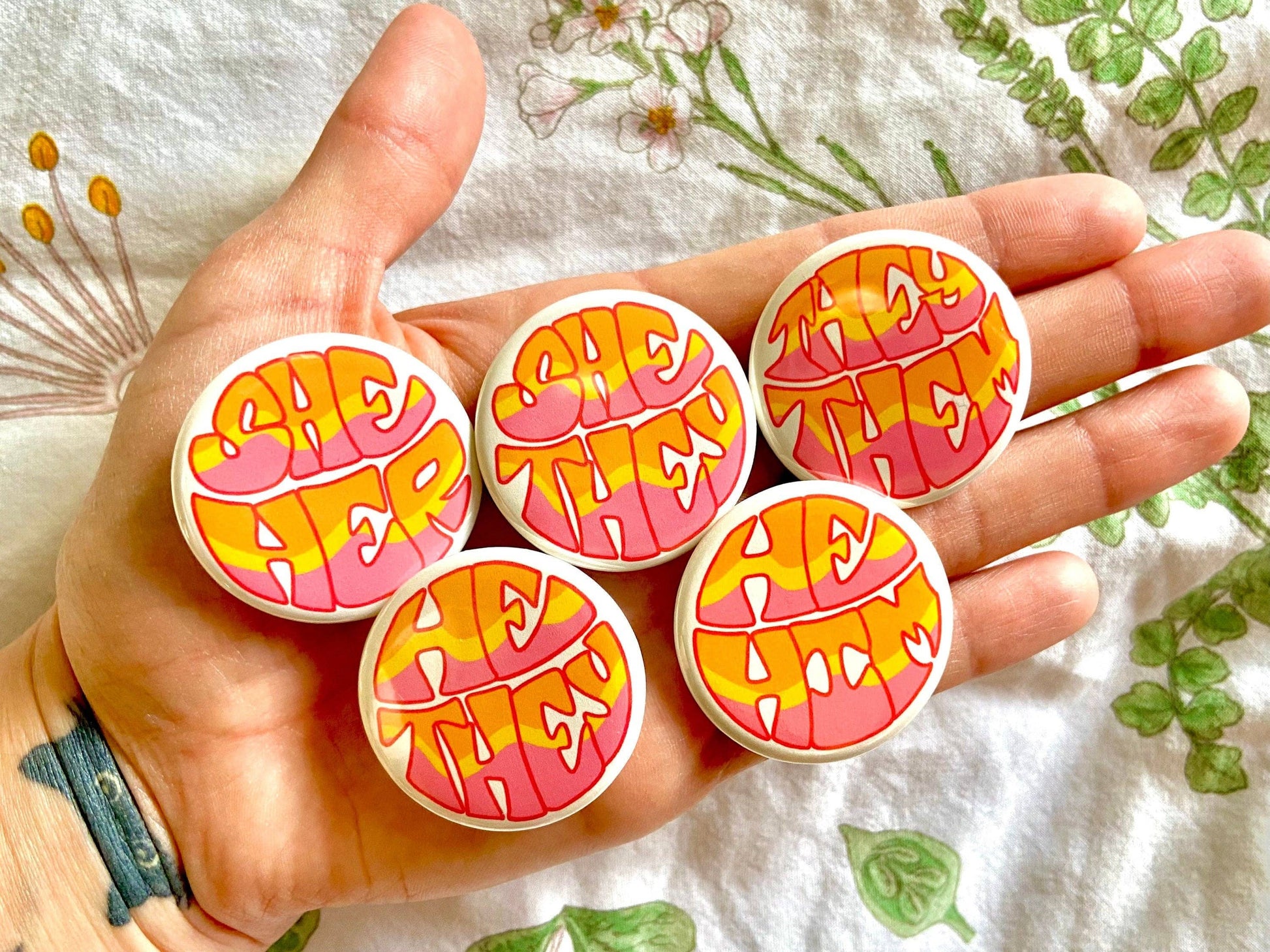 Pronoun Buttons | Retro Colorful Dinosaur Conversation Heart NEW Hollandaize Art 